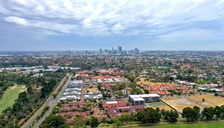 Aerial view of northern suburb looking towards Perth CBD.
